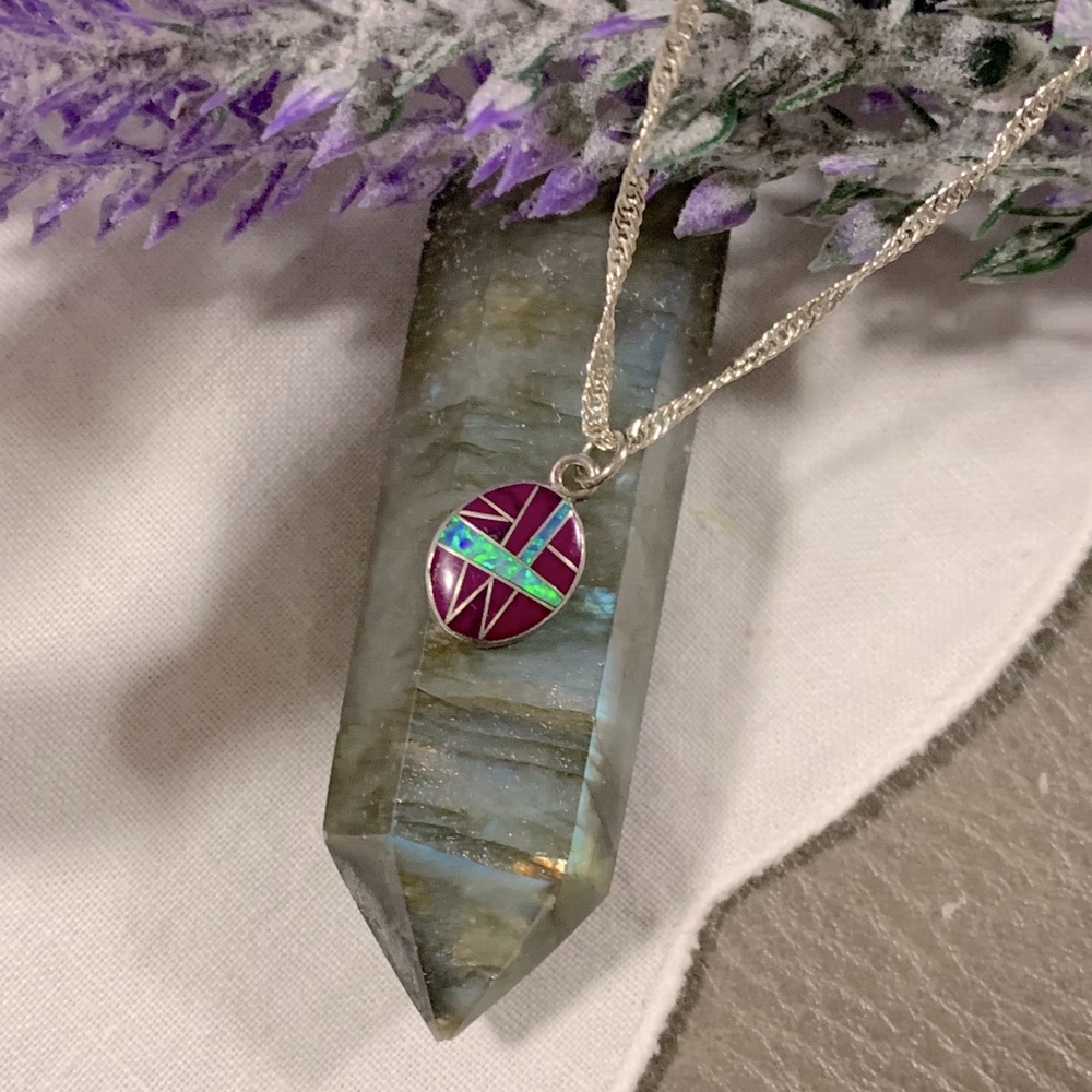 Vintage Opal & Red Enamel Sterling Silver Necklace